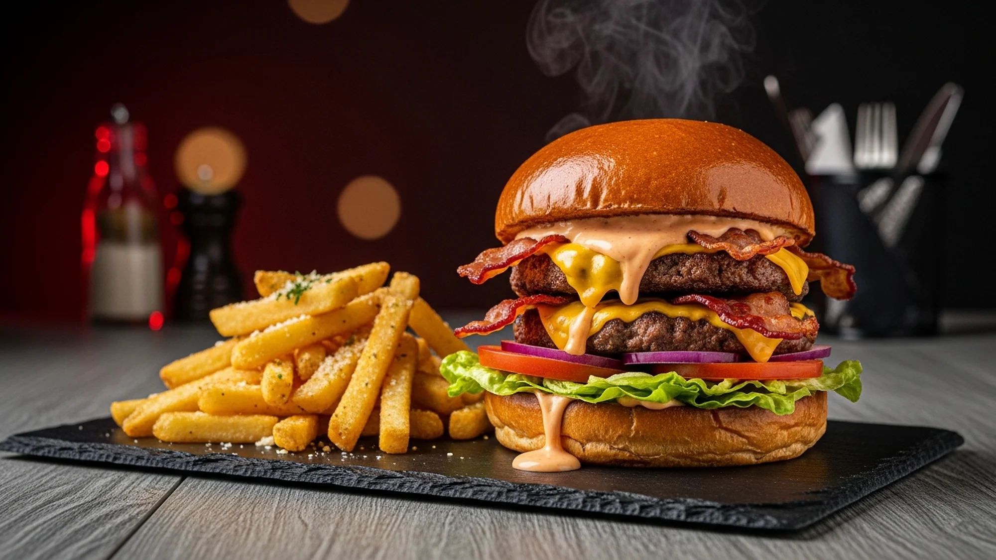 A loaded Main Event Grill burger